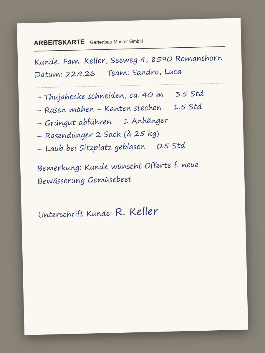 Handschriftliche Arbeitskarte