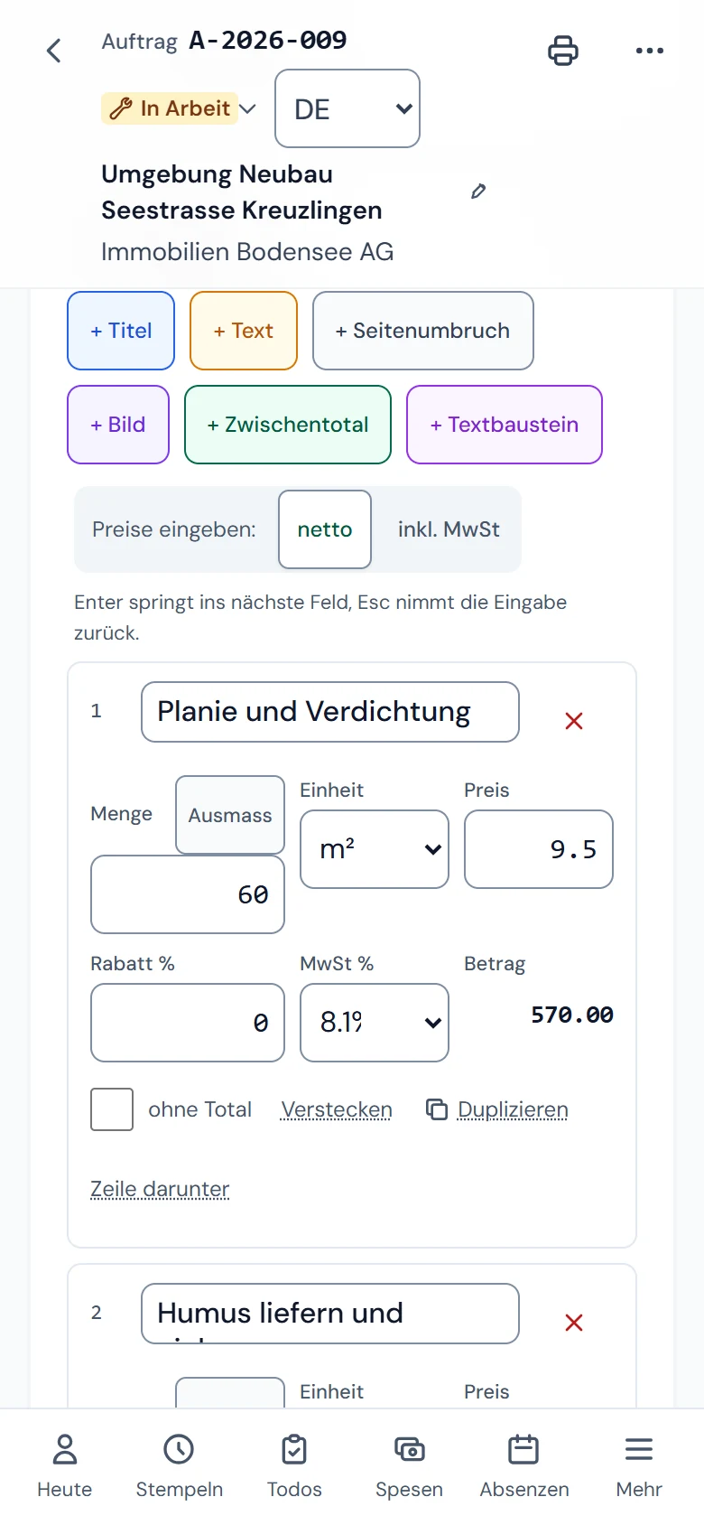 Positionen eines Auftrags als Karten am Handy