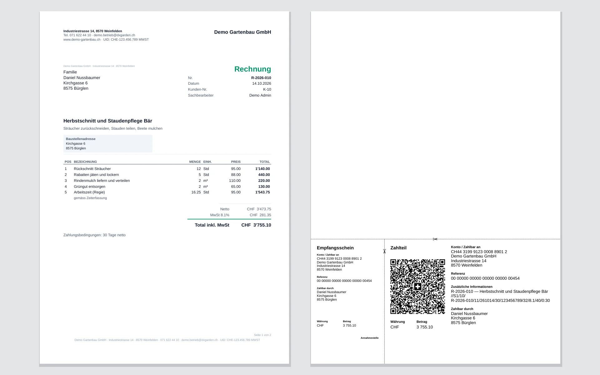 Fertige Rechnung als PDF mit Schweizer QR-Zahlteil